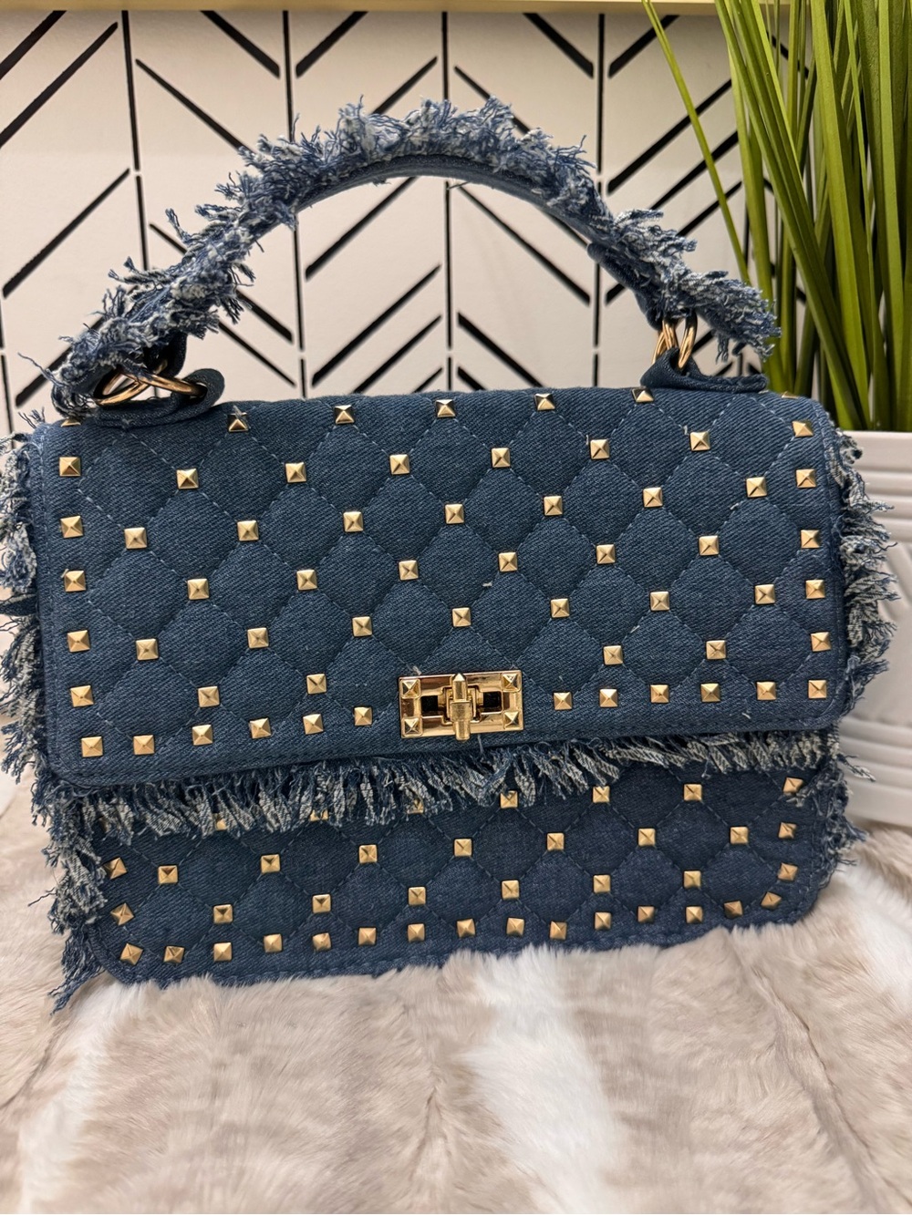 Quilted Denim Studded Fringe Crossbody Shoulder Bag